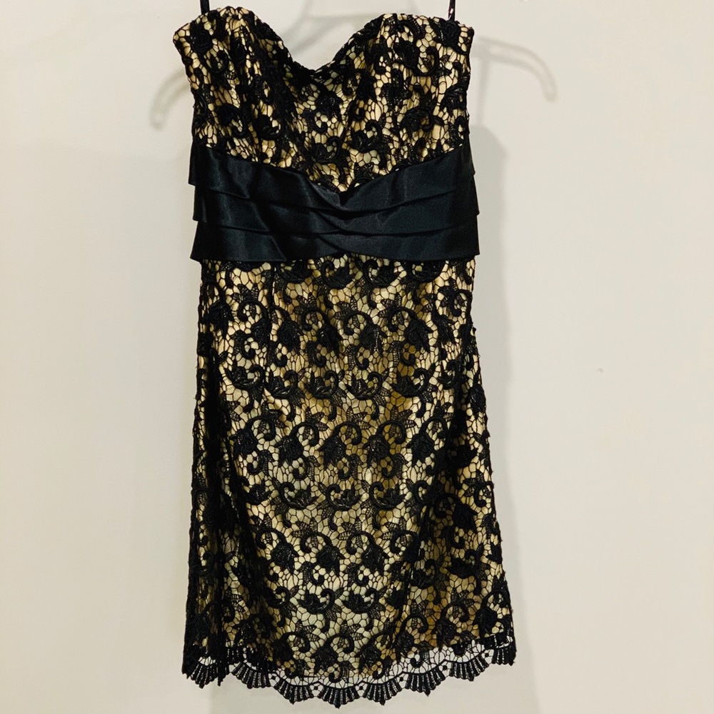 Gold Cocktail Dress Black Lace Overlay size 10